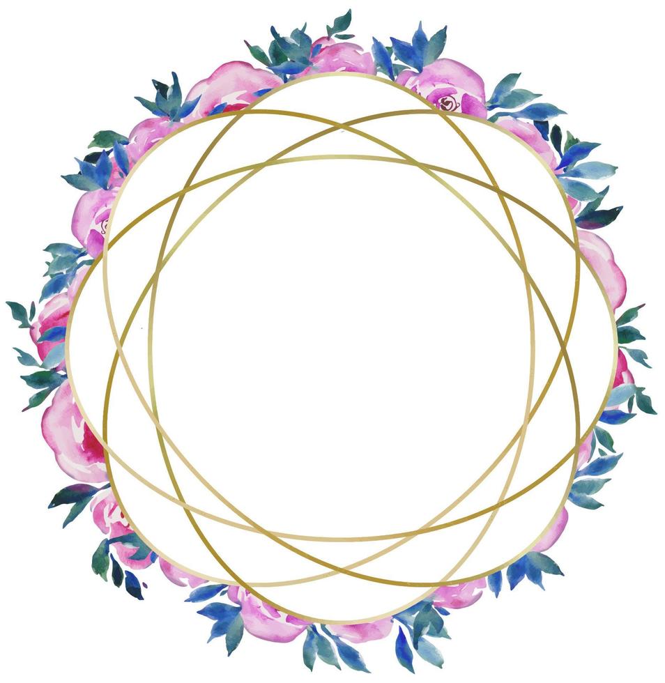 gouden ronde kader met roze rozen, bloemen ontwerp, bruiloft monogram, waterverf illustraties groet kaarten vector