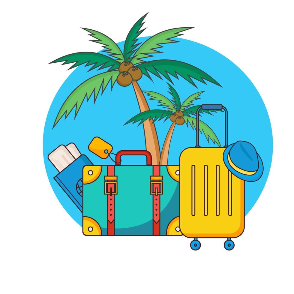 zomer reizen achtergrond. reeks met koffer, ticket, paspoort en palm boom. vector illustratie.