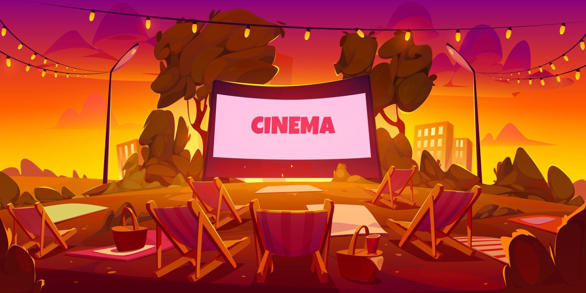 Open lucht film theater in stad park Bij zonsondergang vector