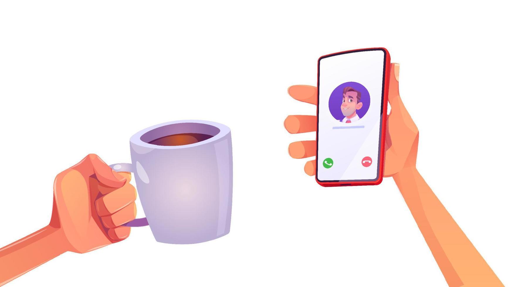 menselijk handen met koffie kop en telefoon, ochtend- vector