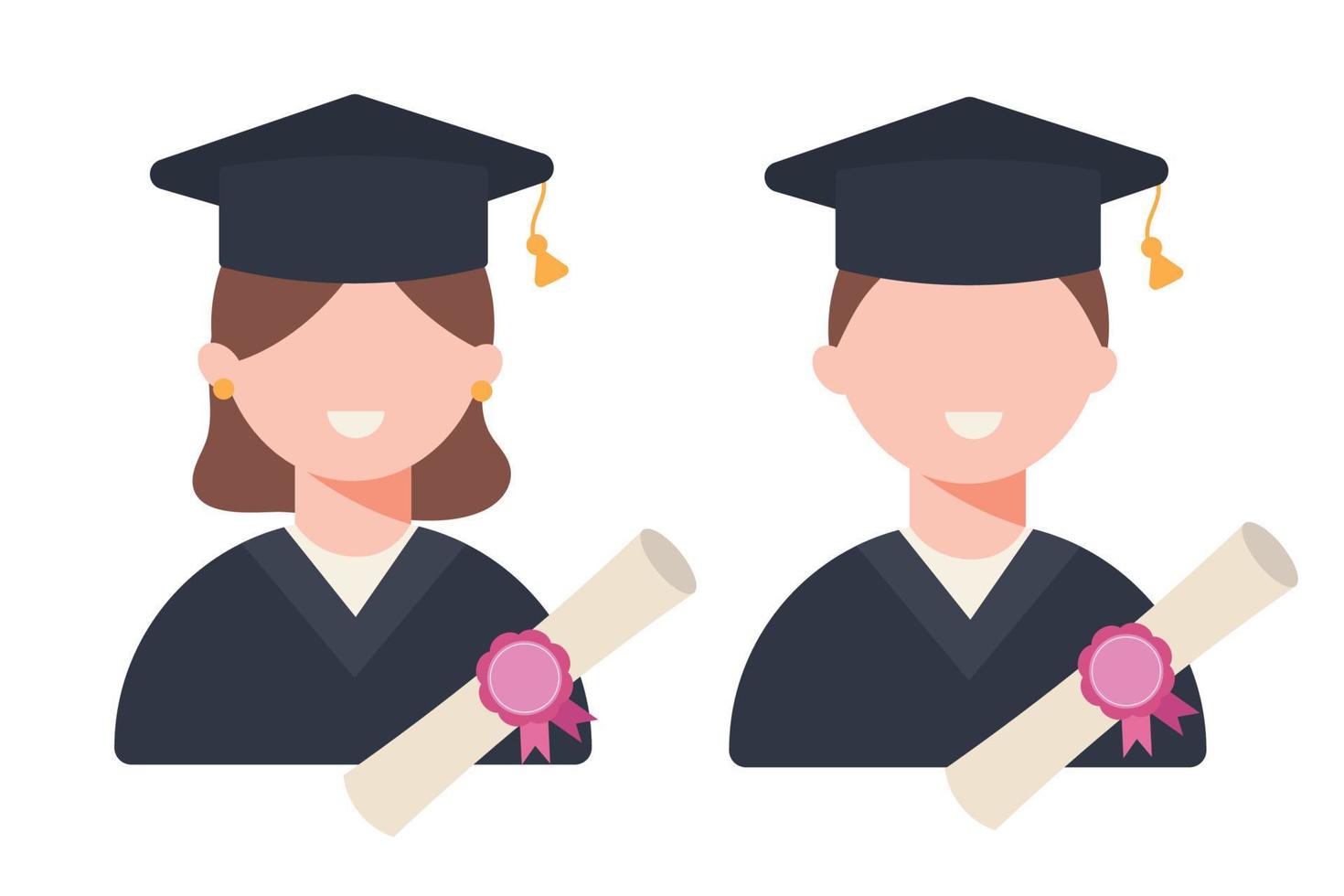een leerling glimlacht Aan diploma uitreiking dag met zijn diploma. Mens en vrouw in vlak stijl. vector illustratie.