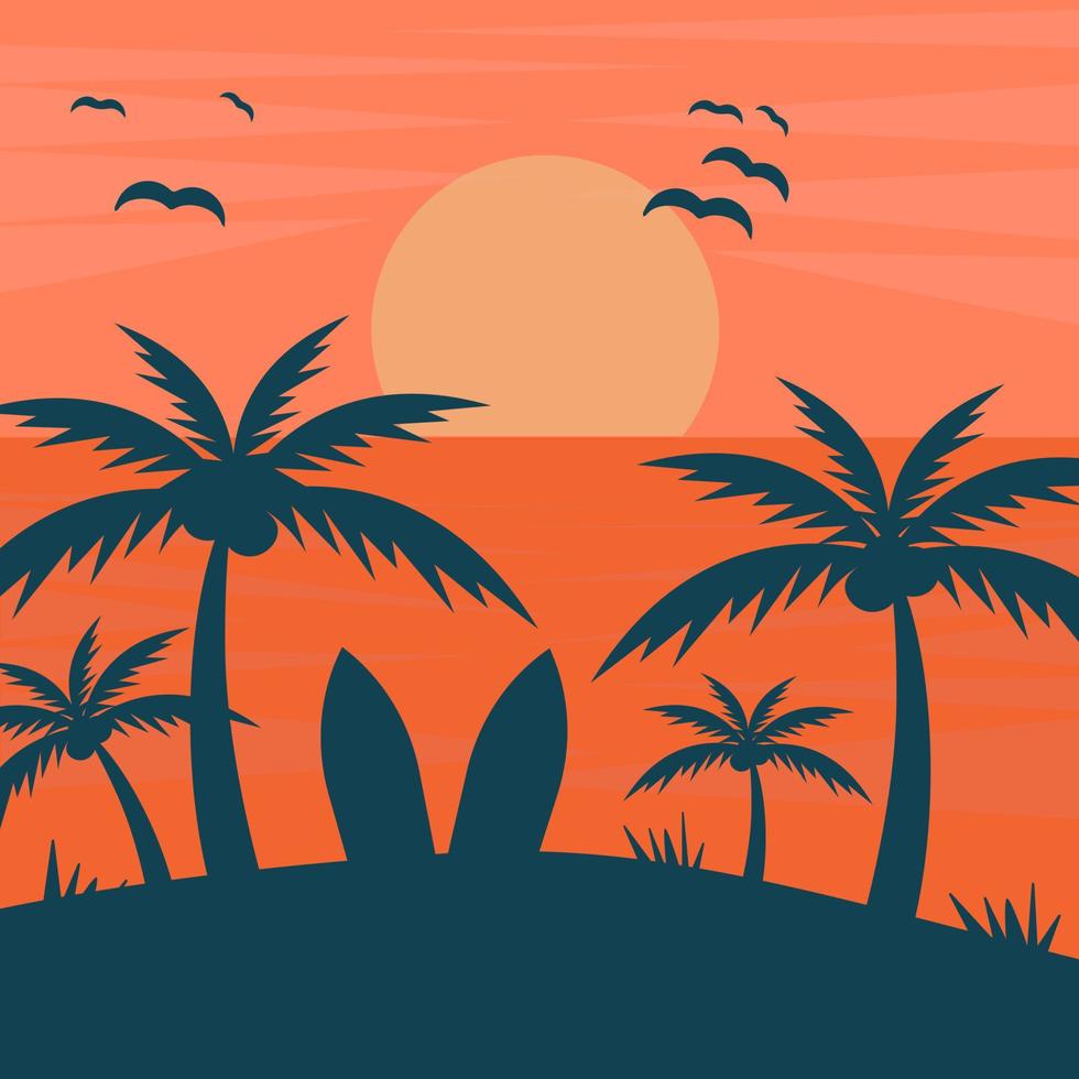 zomer reizen achtergrond. zonsondergang zonsondergang met palm bomen in schaduw en surfplanken. vector illustratie.