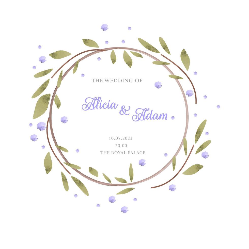 bruiloft uitnodiging met waterverf bladeren in groen en lila. vector illustratie