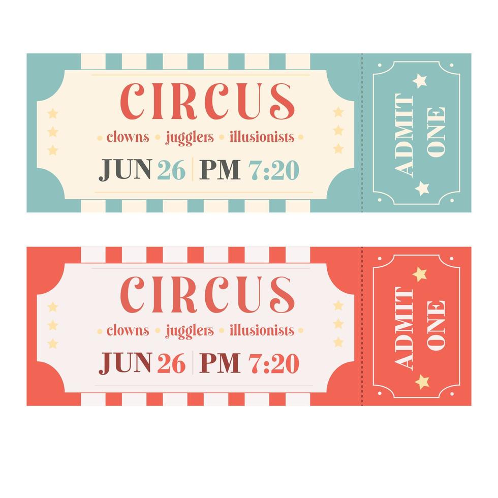 circus ticket in rood, blauw in retro stijl. clowns jongleurs illusionisten. vector