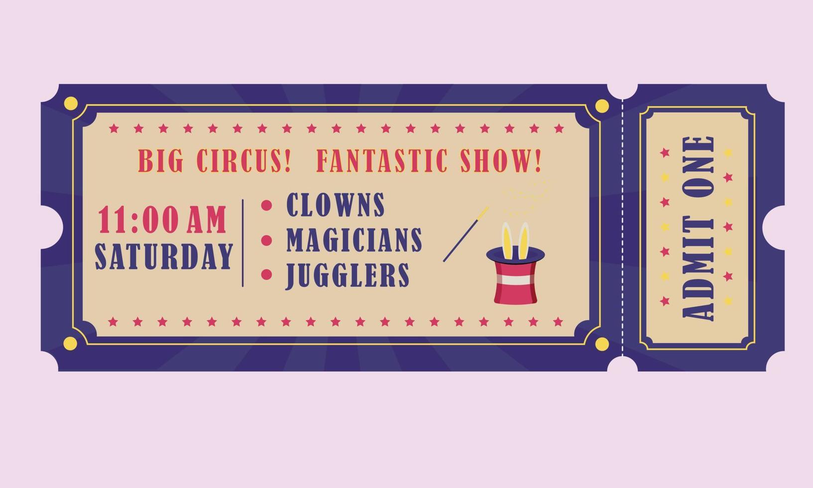 blauw circus ticket. clowns goochelaars jongleurs vector