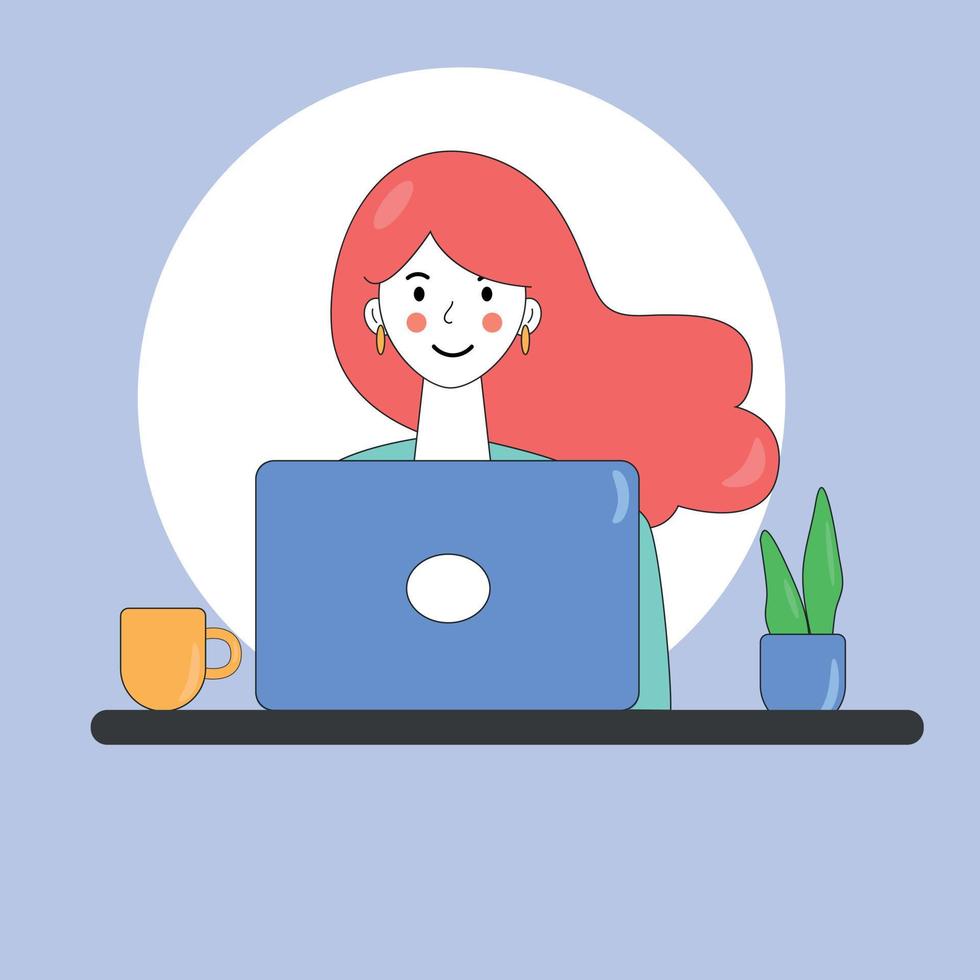 een vrouw, een roodharig vrouw zit Bij haar laptop, een computer. online werk, online studie. vector