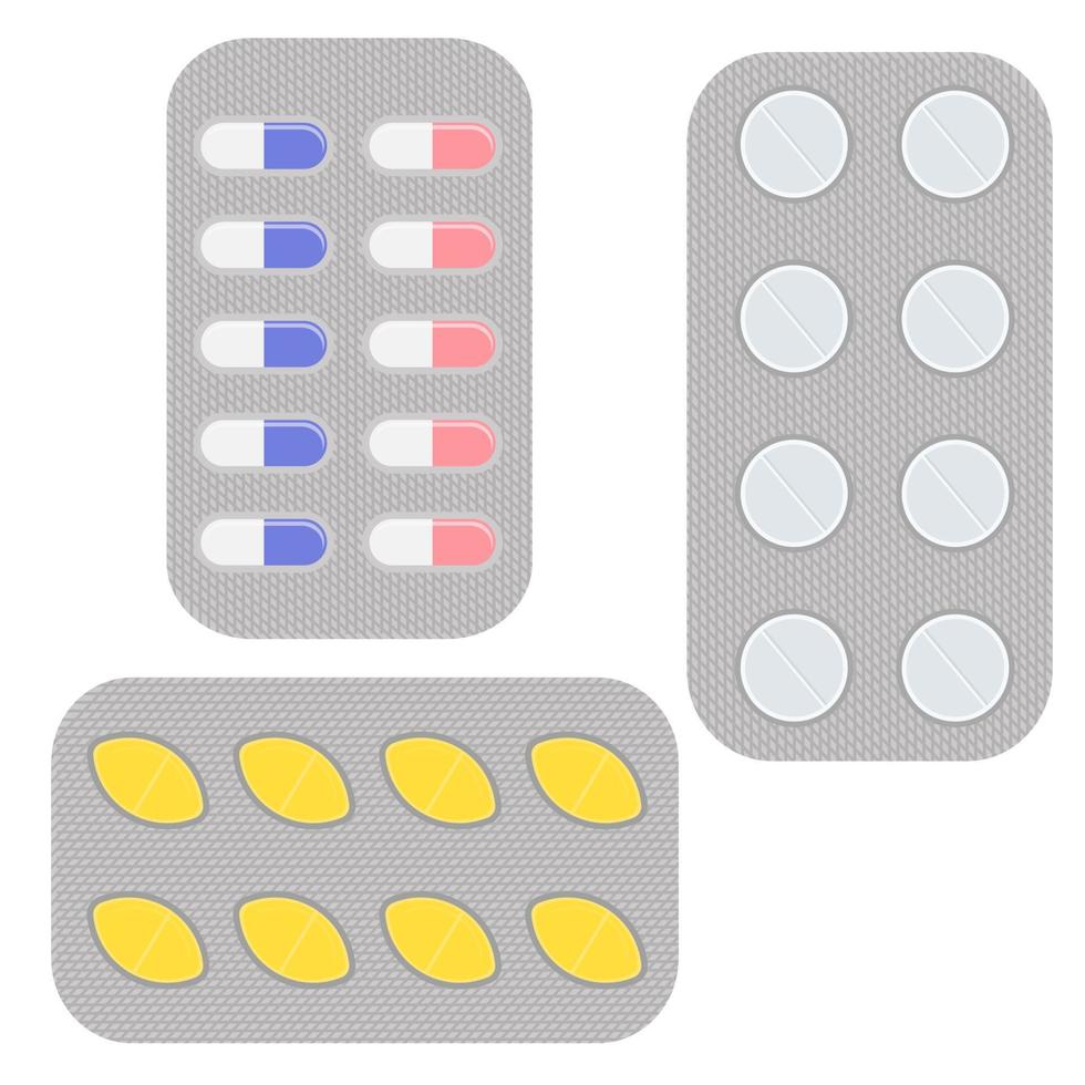 een reeks van blaar pakketten van tablets in verschillend kleuren. aspirine antibiotica of pijnstillers vector