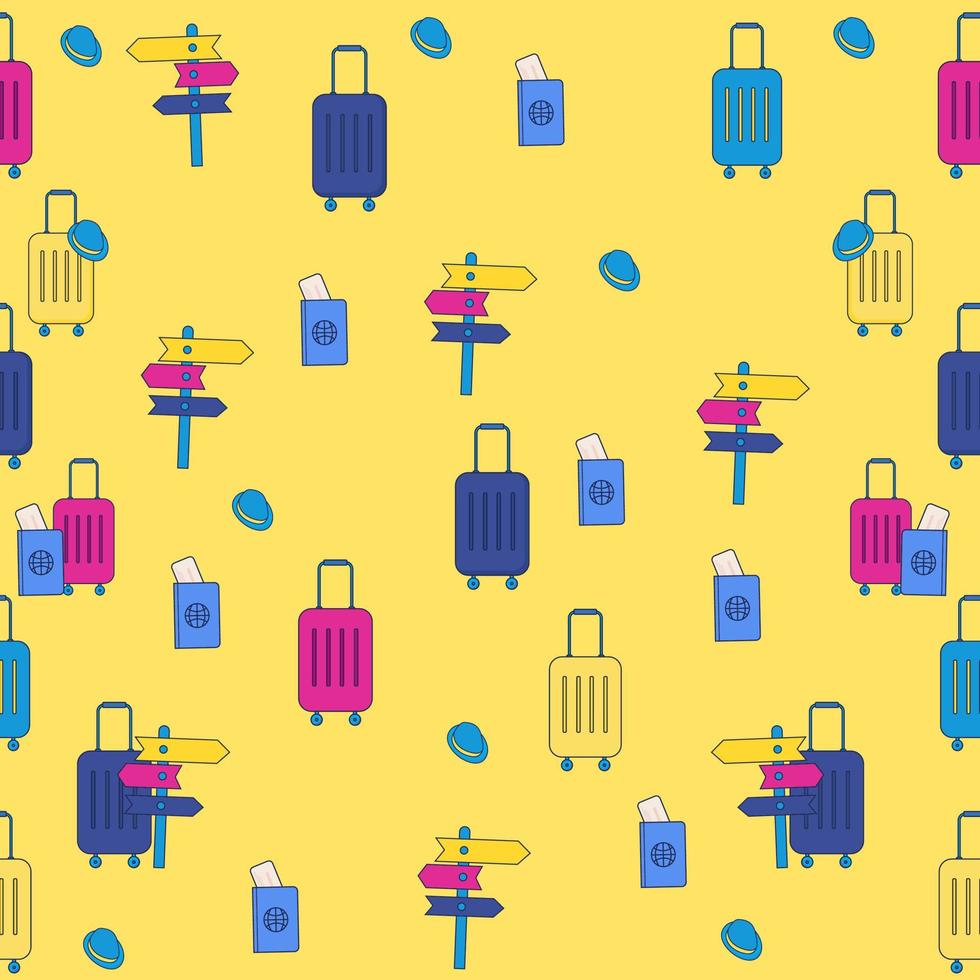naadloos patroon Aan geel achtergrond reizen met koffer, ticket, wijzer vector