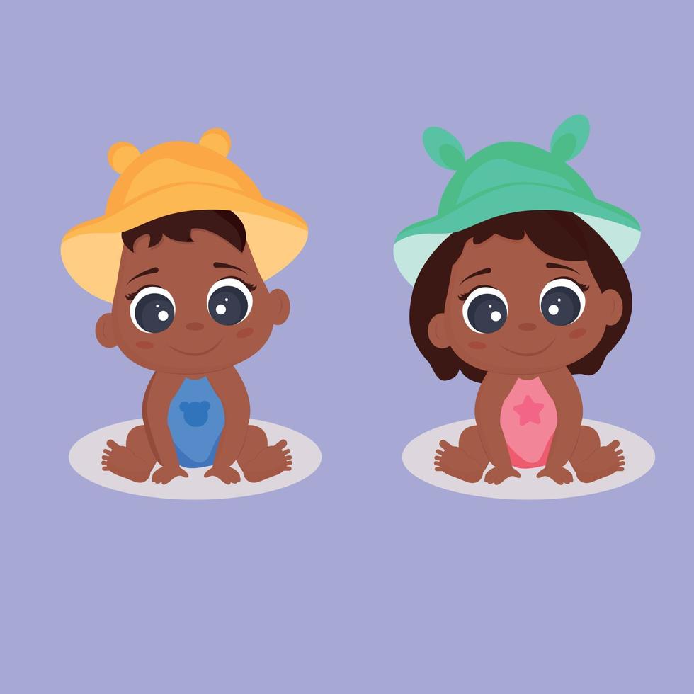 zwart baby jongen en meisje. pasgeboren baby jongen en meisje. illustratie van een zwart baby jongen en meisje. zwart baby pasgeboren baby zittend in een Panama. vector