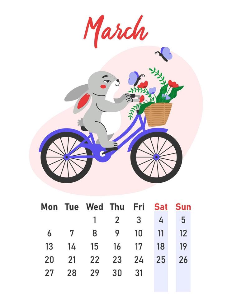 maart 2023 kalender. de haas ritten een fiets. vlak vector illustratie.