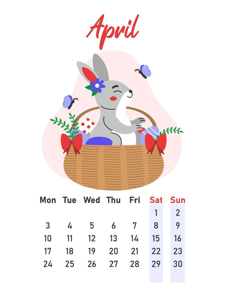 april 2023 kalender. de haas zit in een rieten mand met Pasen eieren. vlak vector illustratie.