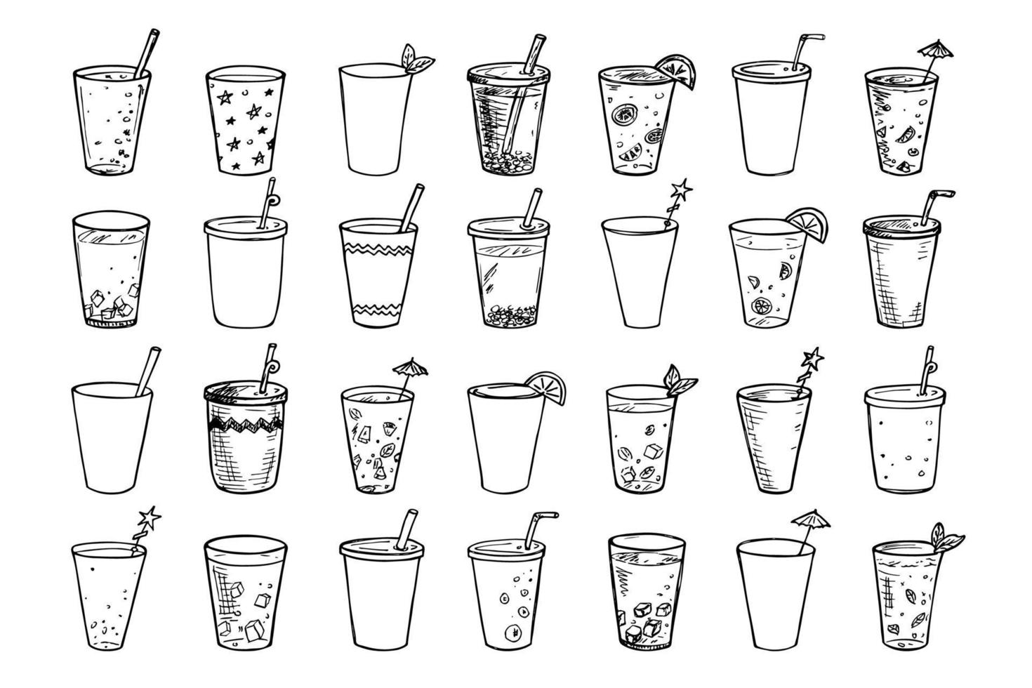 schattig cups van water, milkshake, sap en Frisdrank. drinken illustratie. gemakkelijk cocktail clip art reeks vector