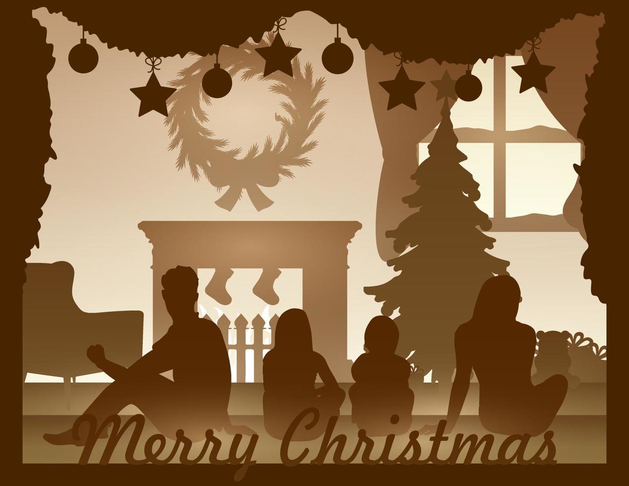 gelukkig familie silhouet vieren Kerstmis binnenshuis met sommige Kerstmis decoraties. vrolijk Kerstmis groet kaart vector