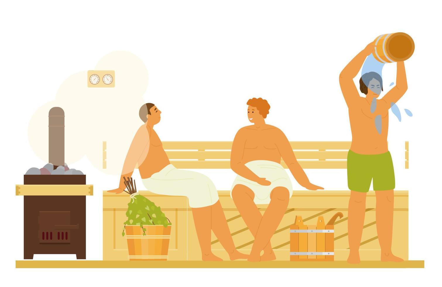 mannen ontspannend, nemen stoom- bad, drenken met water in sauna of banja. gezond werkzaamheid. vlak illustratie. vector