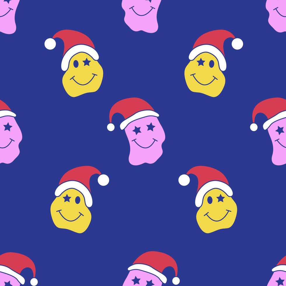 naadloos patroon met gek smiley gezicht in rood de kerstman hoed. ttrippy groovy y2k stijl vector