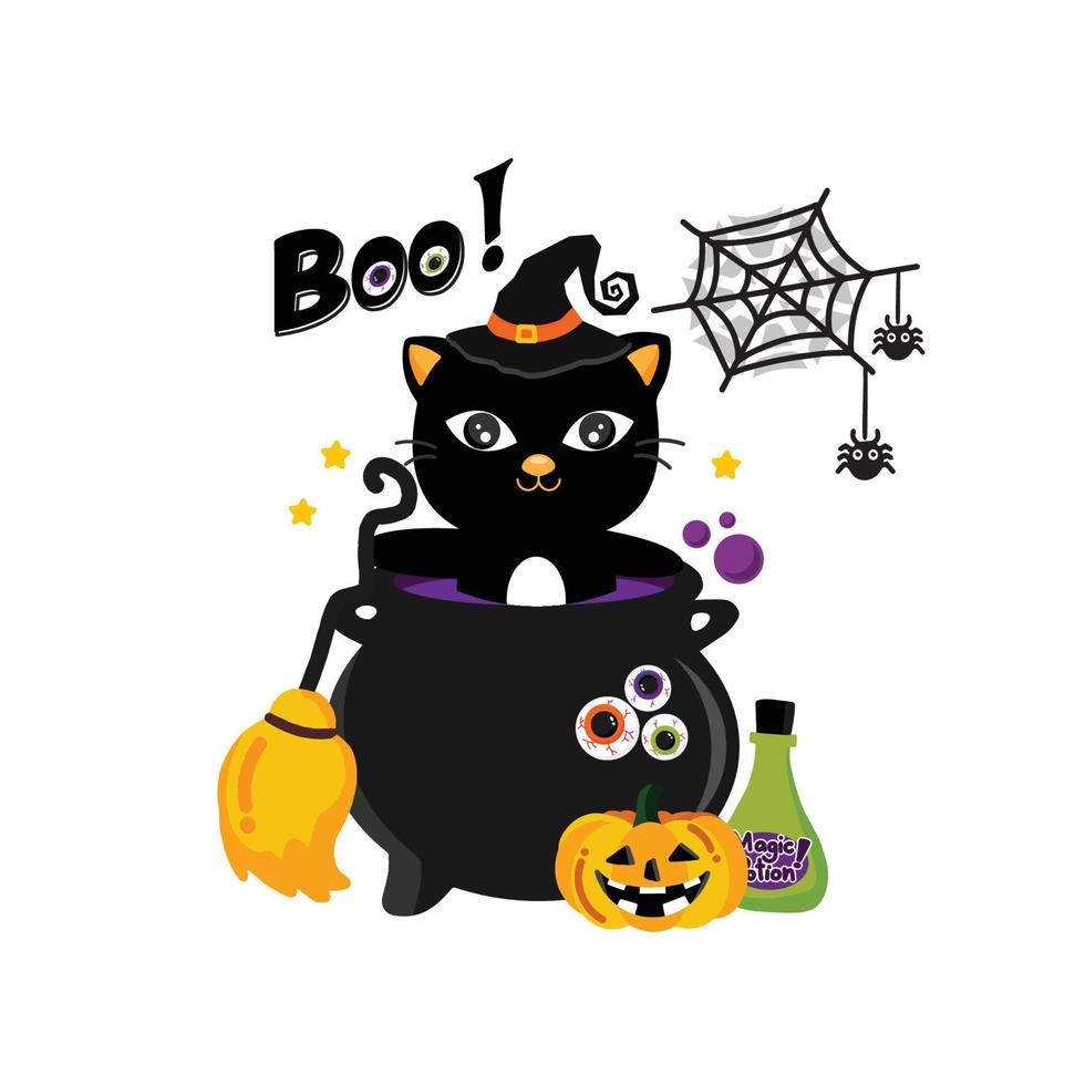 gelukkig halloween groet kaart met zwart kat in een heks hoed. vector