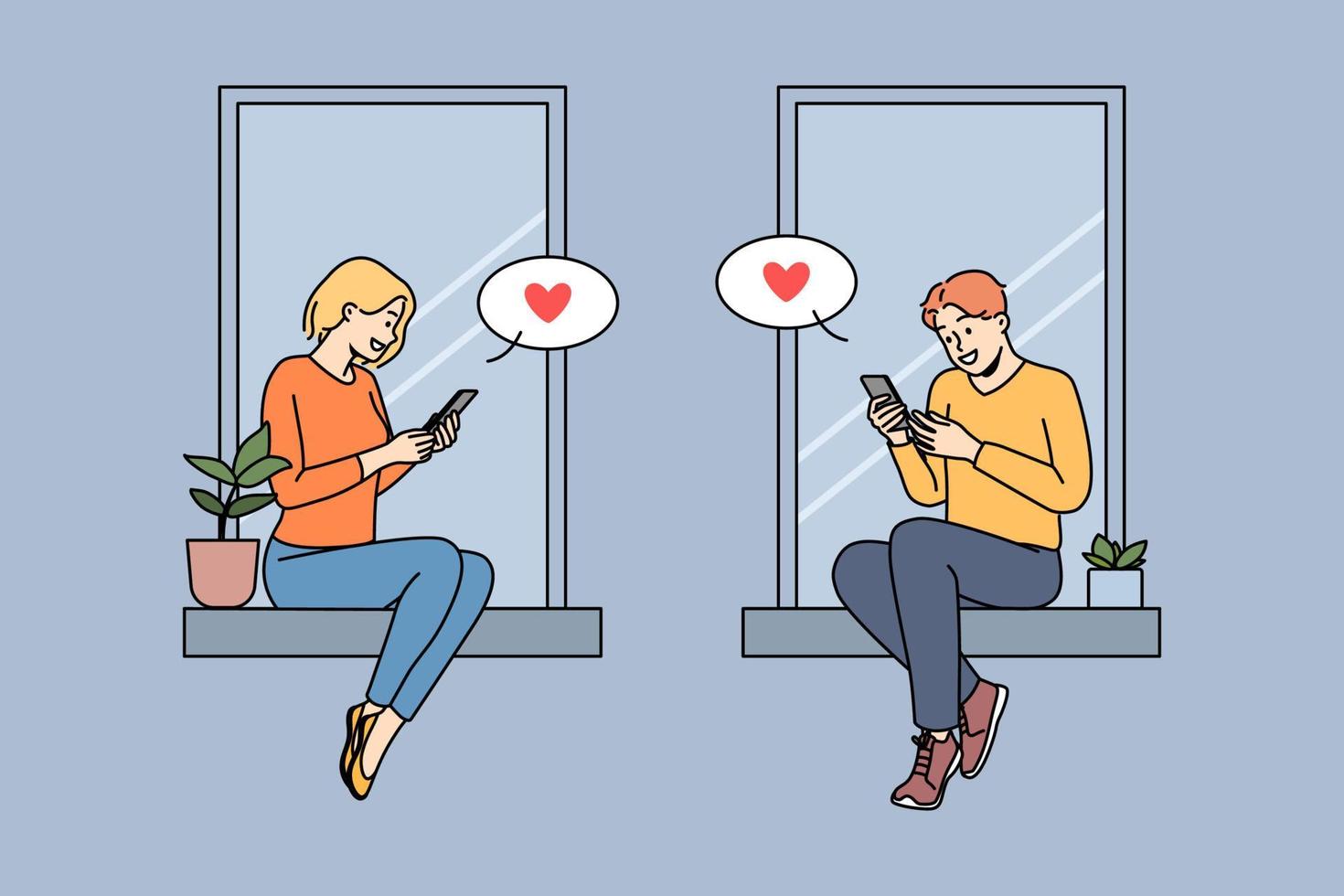 paar zittend Aan vensterbank sms'en online Aan telefoons. Mens en vrouw in liefde bericht Aan internet Aan smartphones. web daten. vector illustratie.