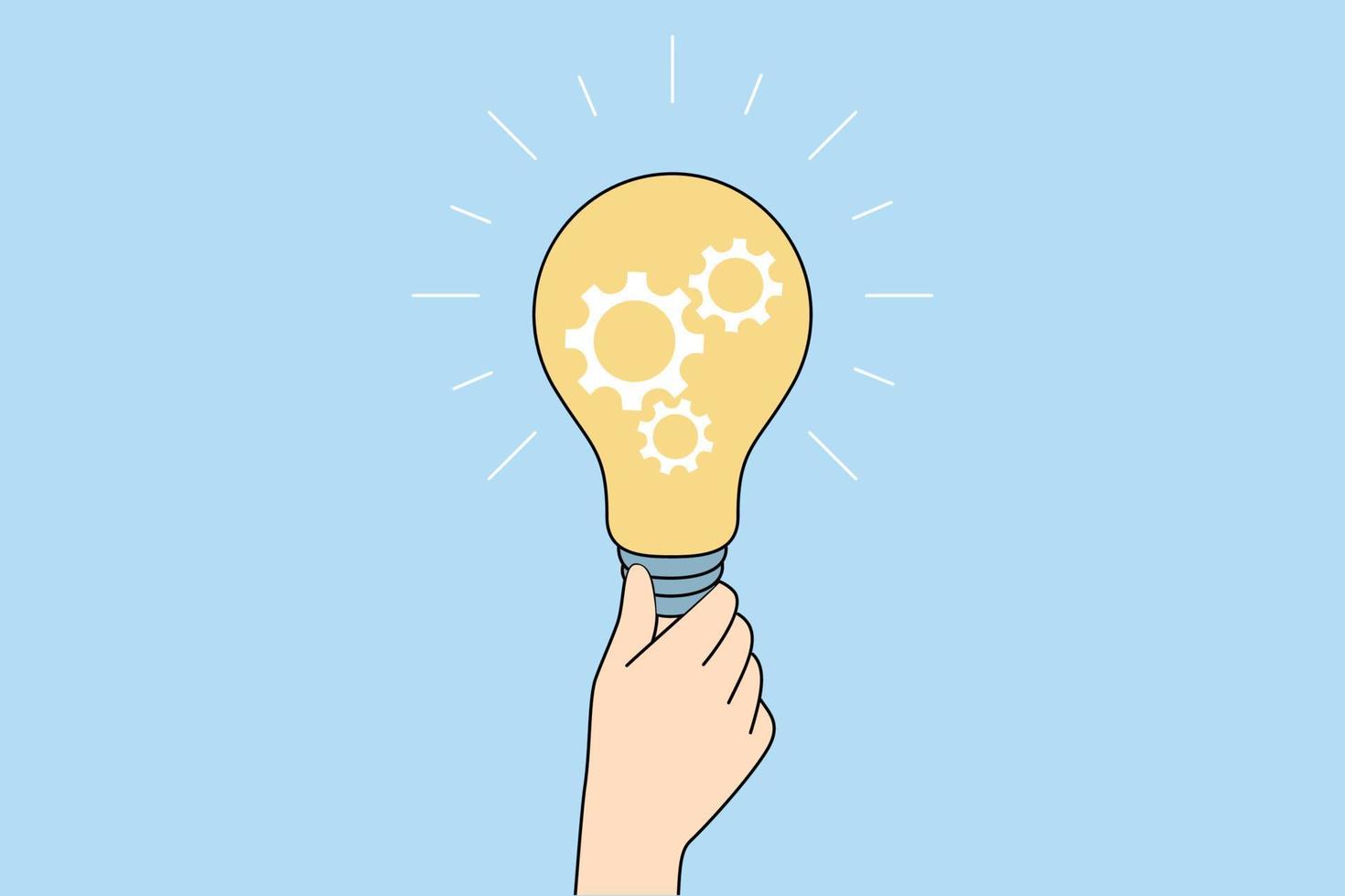 persoon Holding gloeilamp genereren creatief bedrijf idee. zakenman met licht lamp brainstorm oplossen probleem. oplossing en innovatie. vector illustratie.