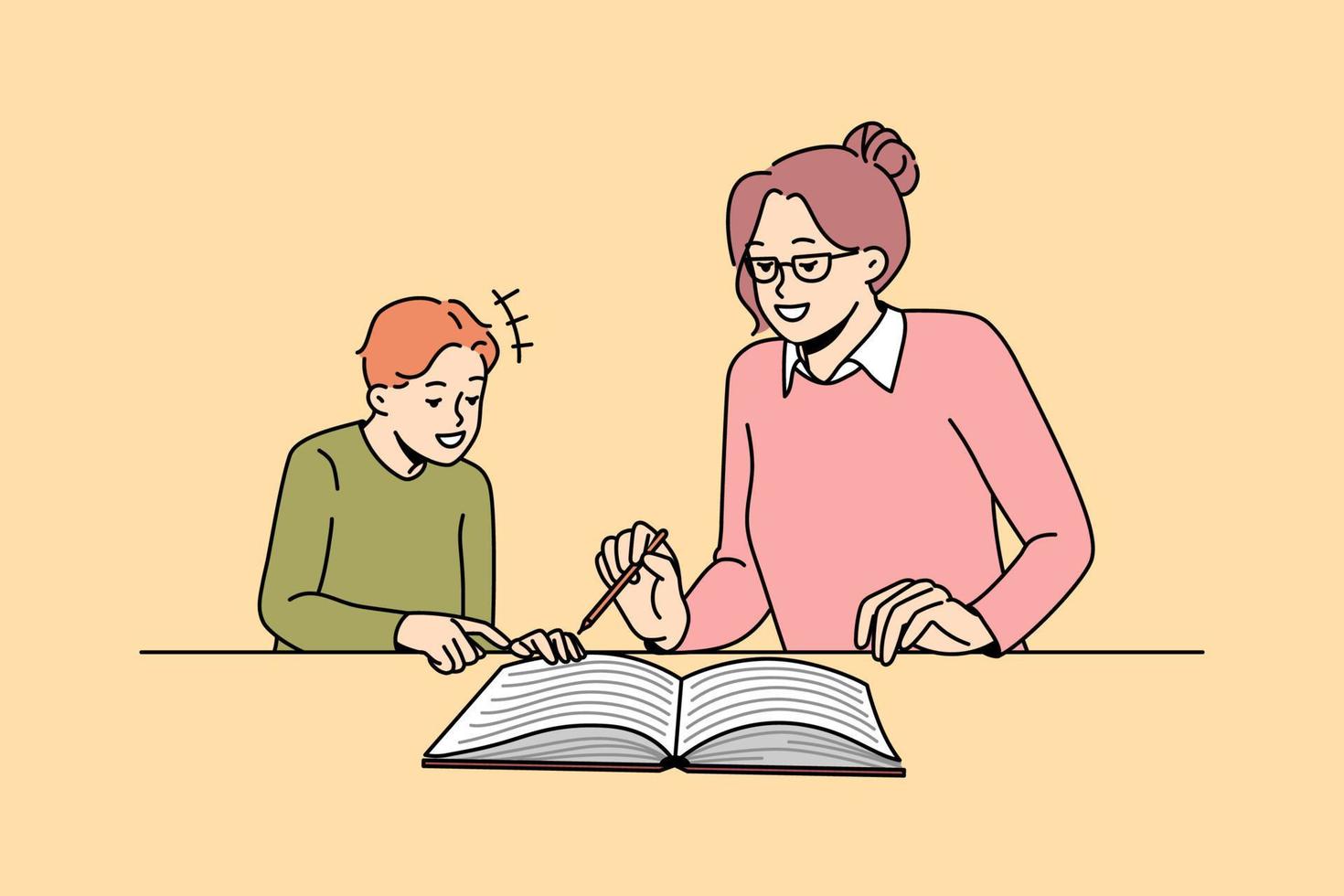 onderwijs onderwijs en aan het leren concept. glimlachen jongen leerling en vrouw leraar zittend en lezing boek samen krijgen kennis vector illustratie