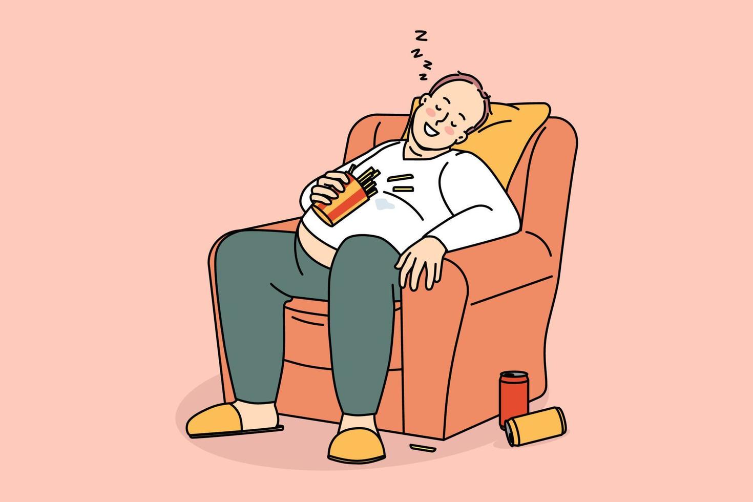 ongezond levensstijl en eetpatroon concept. glimlachen over- gewicht vettig Mens zittend dutten in fauteuil na drinken Frisdrank en aan het eten Frans Patat vector illustratie