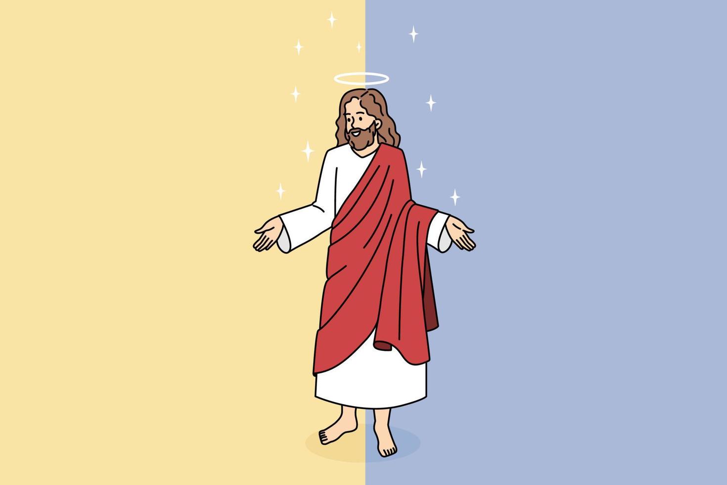 Bijbel en Jezus Christus concept. soort glimlachen Jezus in rood kleding staand en tonen zijn groot zorgzaam handen vector illustratie