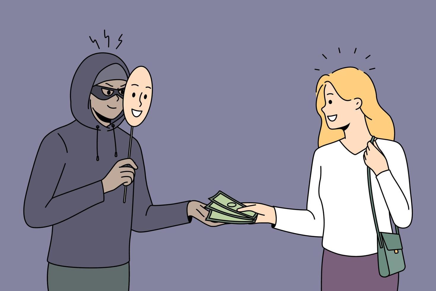 vrouw geven geld naar mannetje oplichter in masker. vrouw voorbij gaan aan contant geld naar crimineel. oplichterij en fraude concept. vector illustratie.