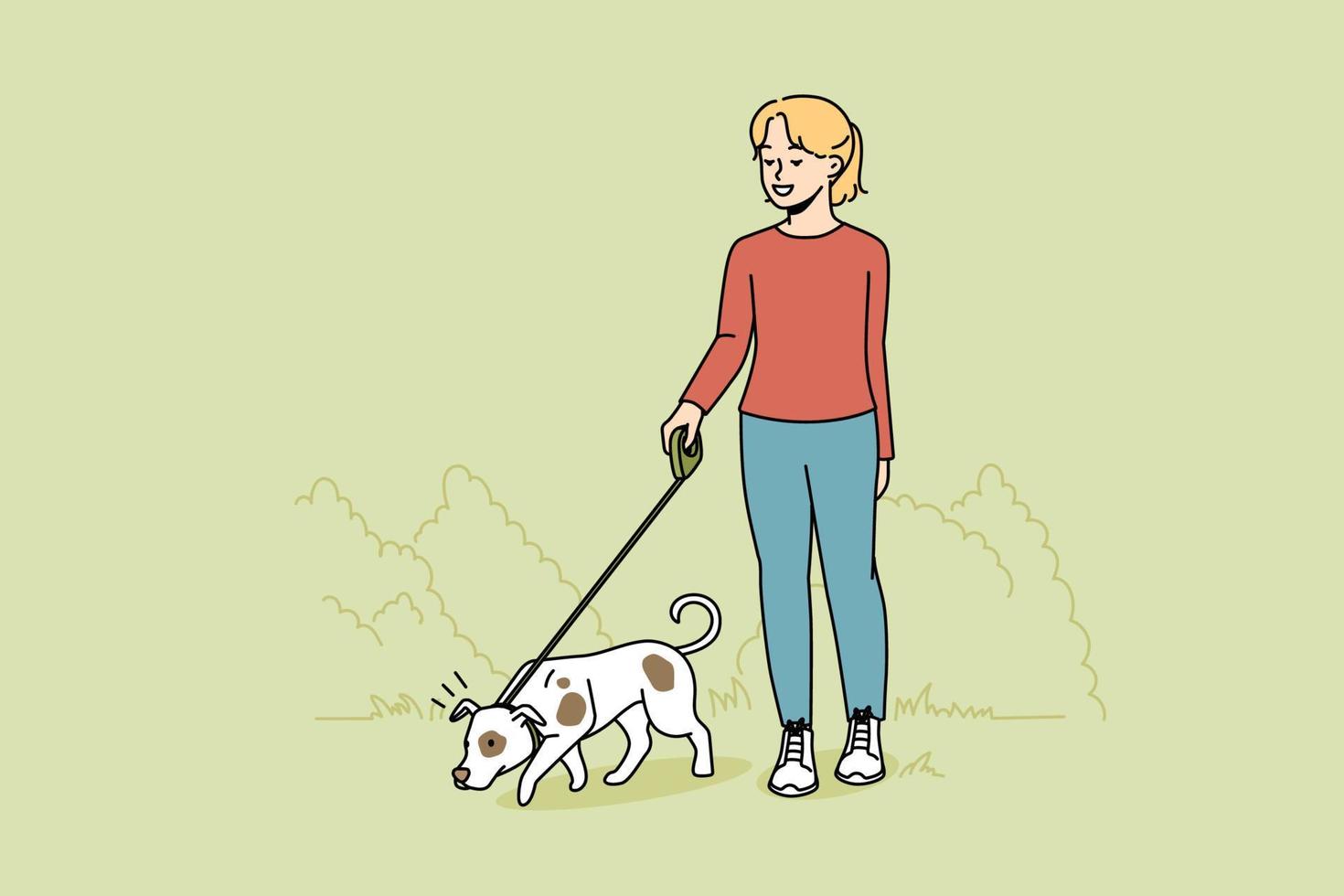 meisje wandelen hond Aan riem buitenshuis. gelukkig kind met huisdier genieten van wandelen in park. huiselijk dier en vriendschap. vector illustratie.