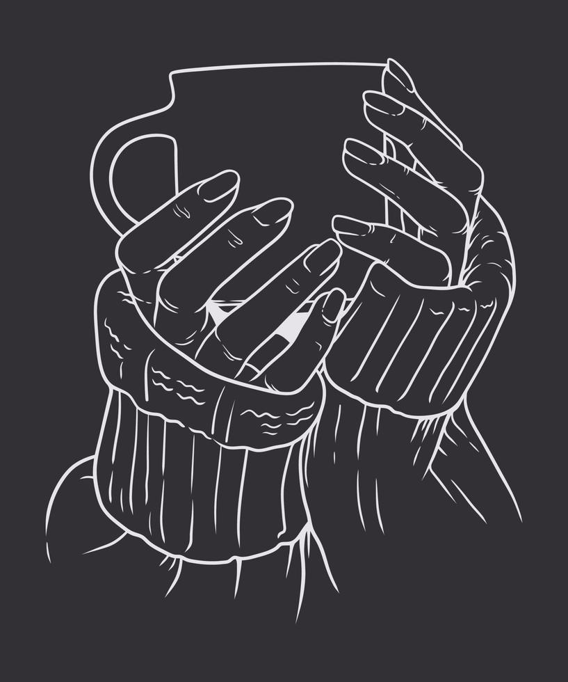 vector illustratie van vrouw handen in trui Holding kop van koffie, geïsoleerd Aan zwart achtergrond