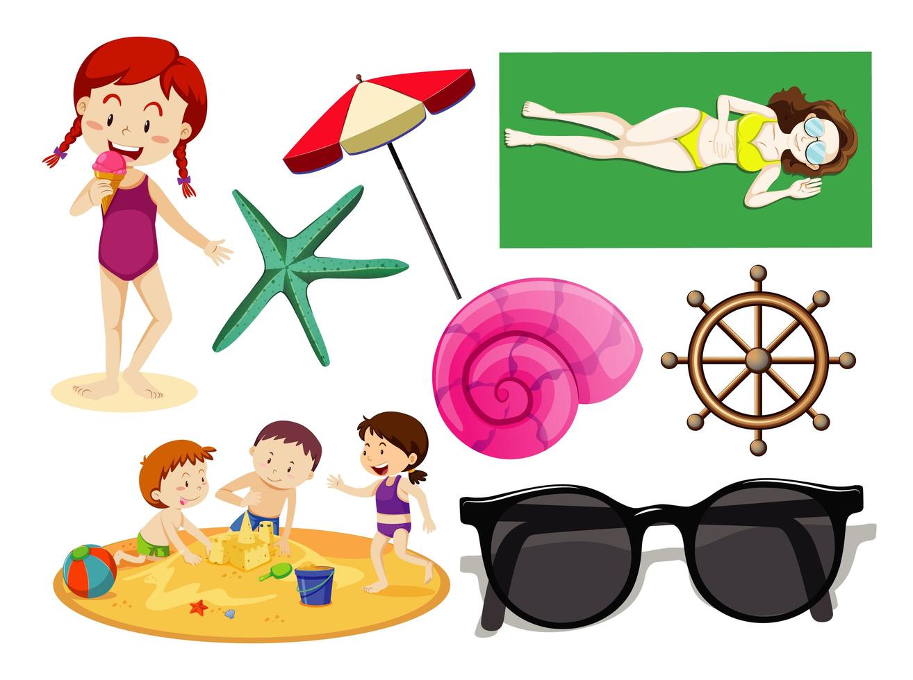 set zomer strand pictogram en kinderen cartoon stijl vector