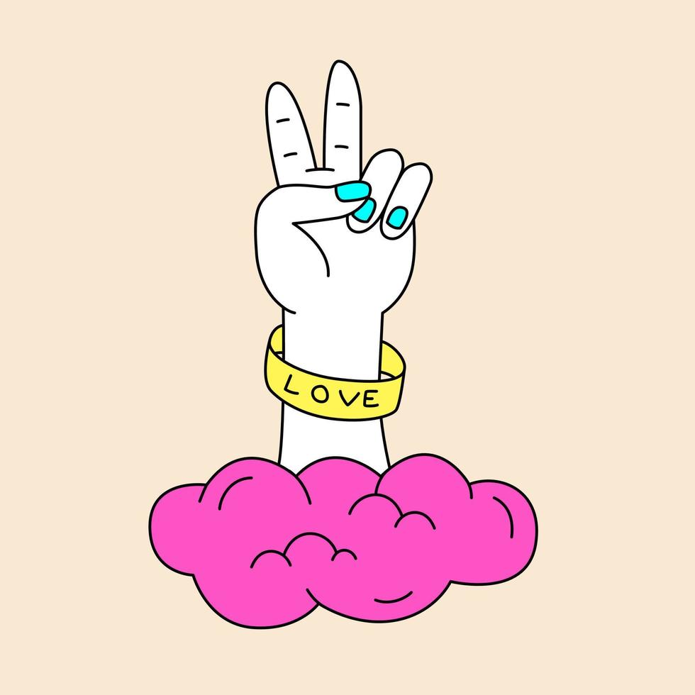 wijnoogst hippie vrede hand- gebaar van wolk. tekening illustratie. sjabloon voor sticker, poster en t overhemd vector