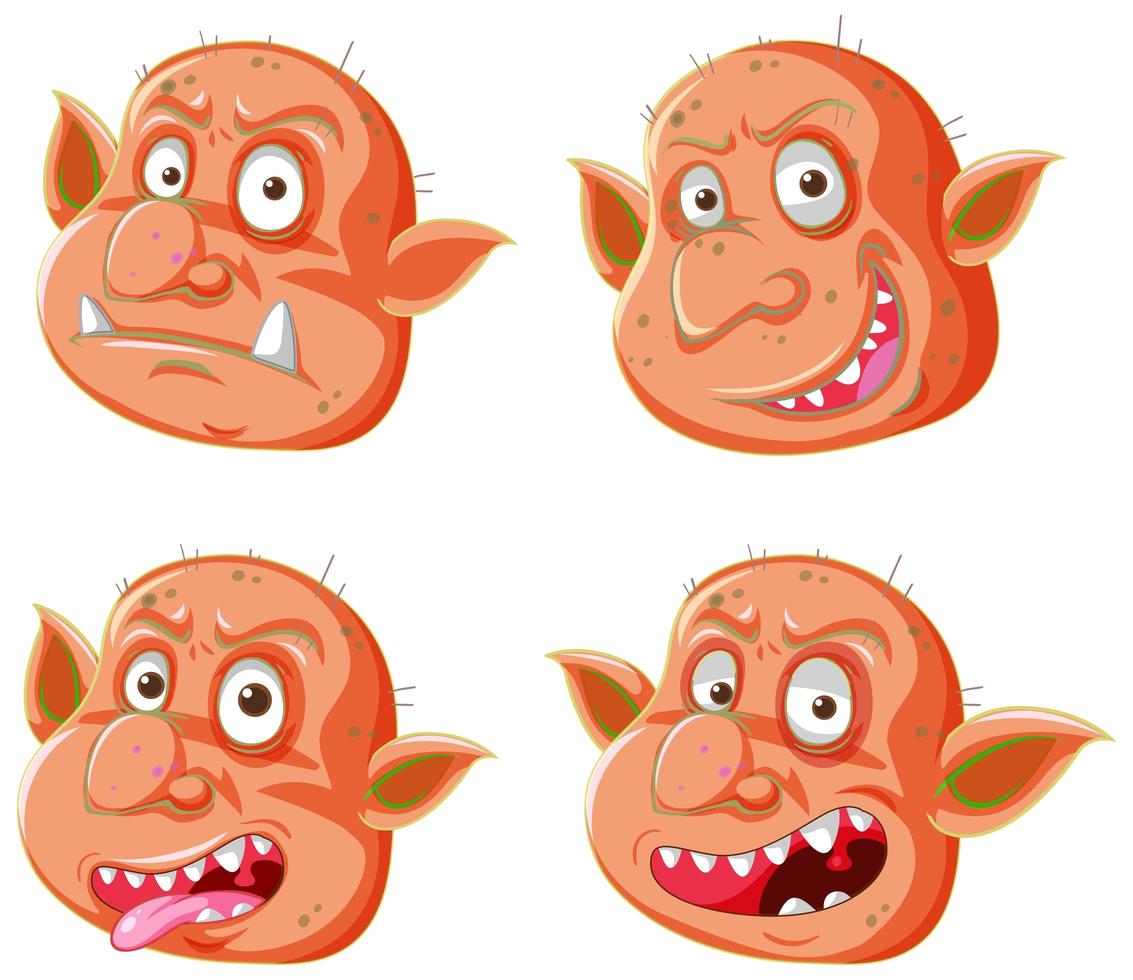 set oranje goblin of trol gezicht uitdrukkingen vector