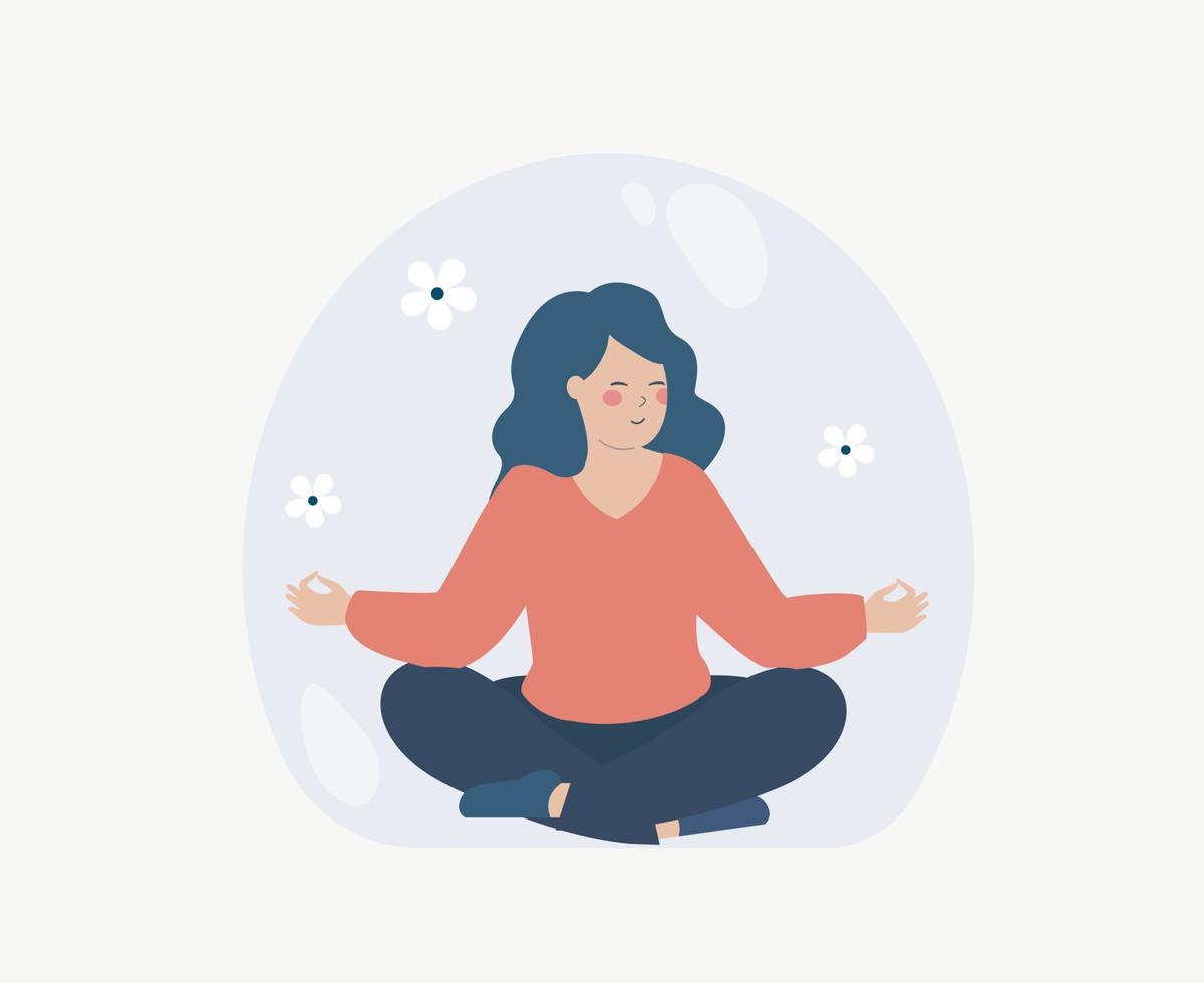 mediteren vrouw niet krijgen afgeleid door het leven problemen. kalmte vrouw in lotus houding praktijken yoga binnen een beschermend bubbel. opmerkzaamheid, zen, begeleid meditatie, harmonie concept. vector illustratie.