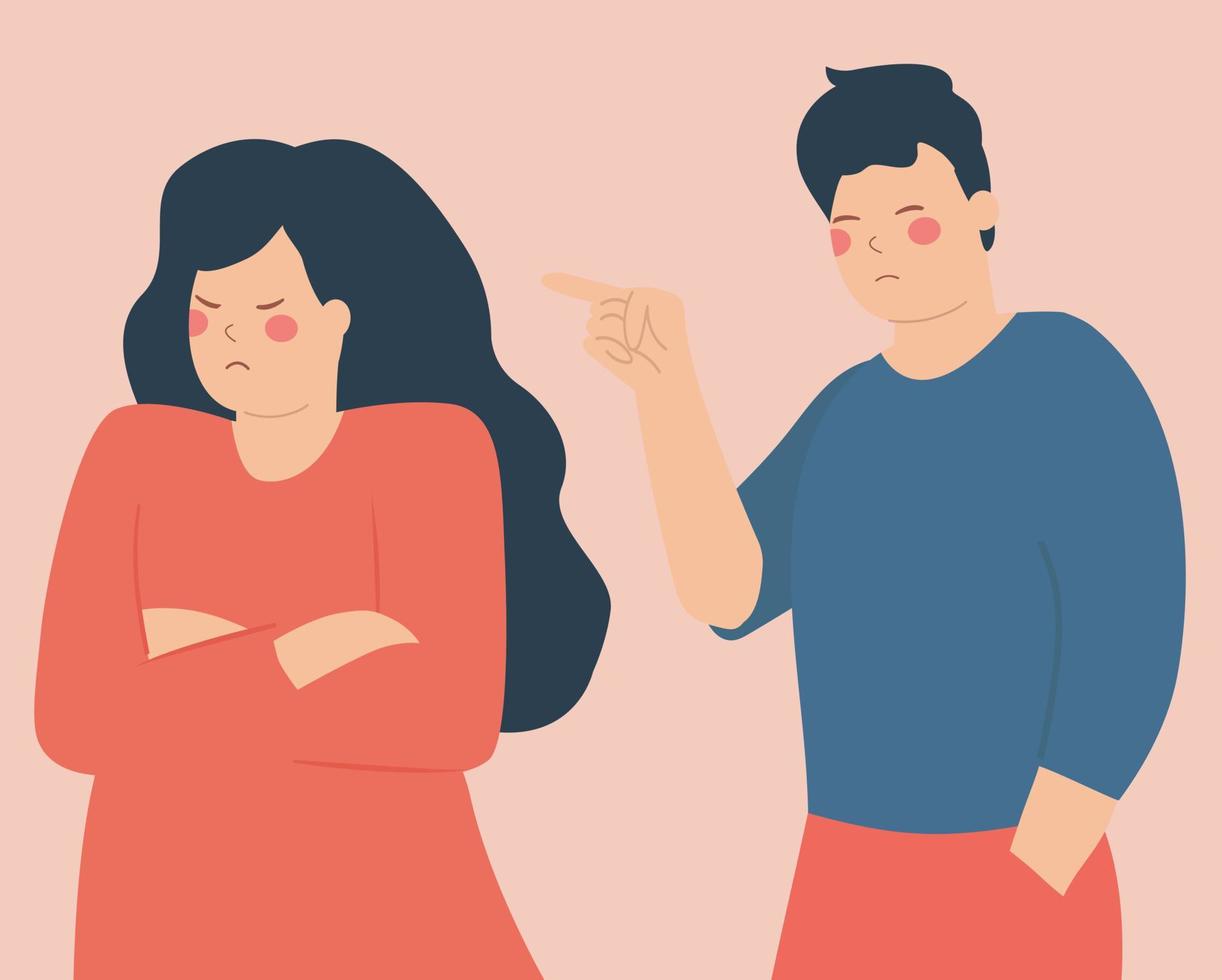 Mens points zijn vinger Bij een boos en van streek vrouw. man verwijten en bekritiseert zijn geërgerd vrouw. illustratie van Uitmaken en scheiding. concept van paar Uitmaken, verbaal aanval en onenigheid. vector