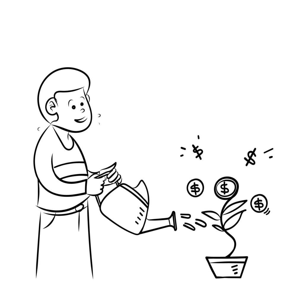 hand- tekening tekening gieter geld boom zaden illustratie vector