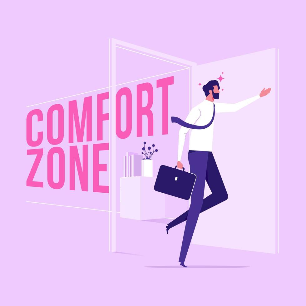 kantoor arbeider, ondernemer of zakenman met aktentas wandelen uit Open deur. concept van ontsnappen comfort zone, stap naar succes, persoonlijk ontwikkeling, vlak vector illustratie