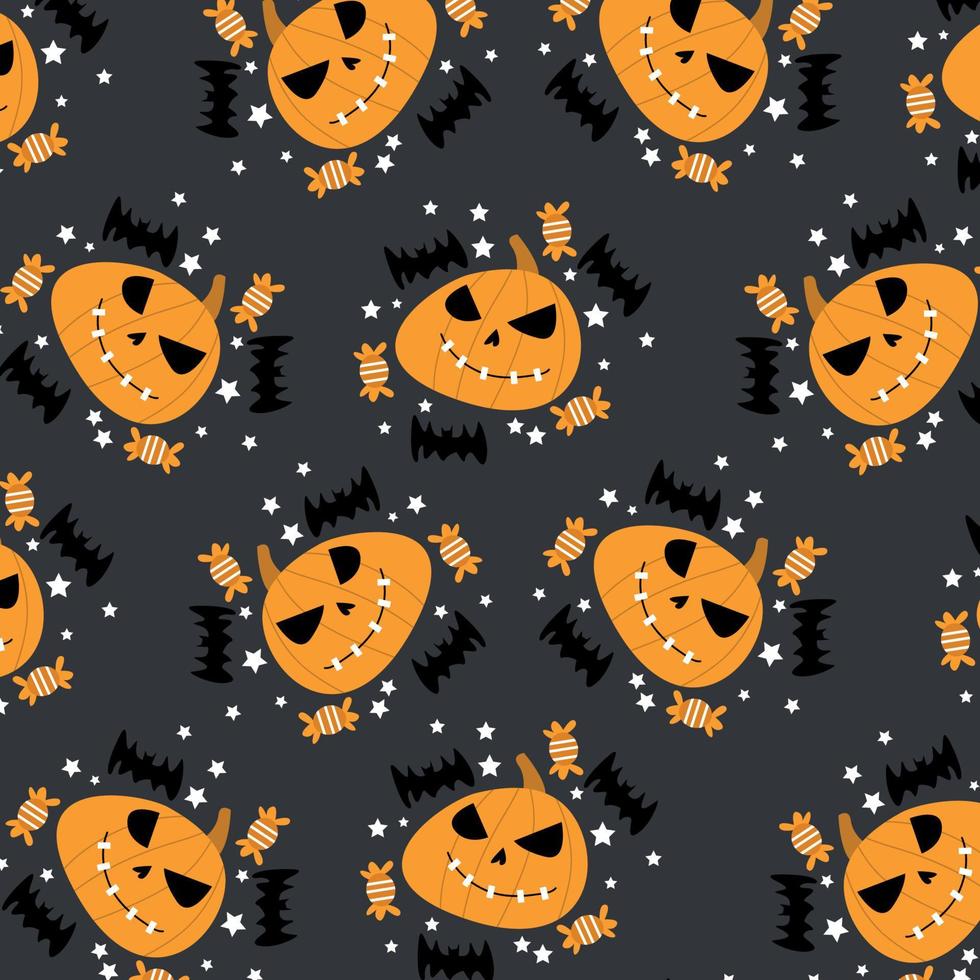 halloween patroon met pompoenen, snoep en vleermuizen in vector illustratie.