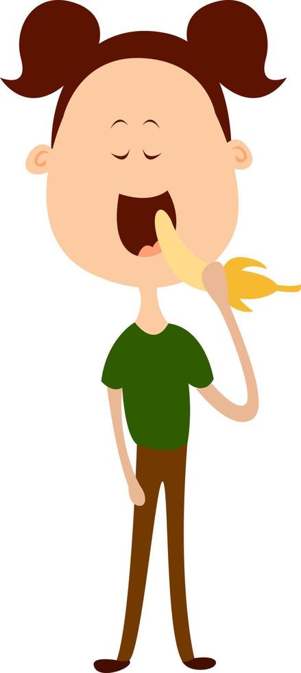 meisje aan het eten banaan, illustratie, vector Aan wit achtergrond.