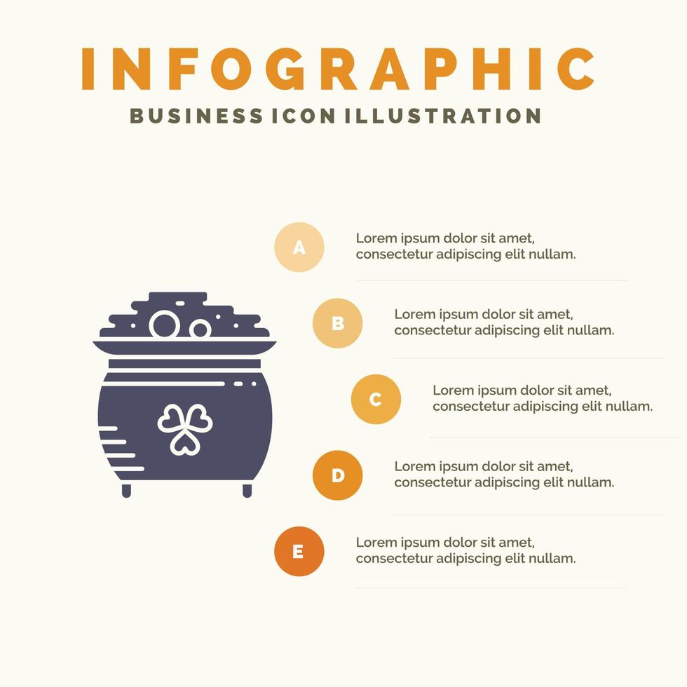 Klaver munt goud pot st Patrick solide icoon infographics 5 stappen presentatie achtergrond vector