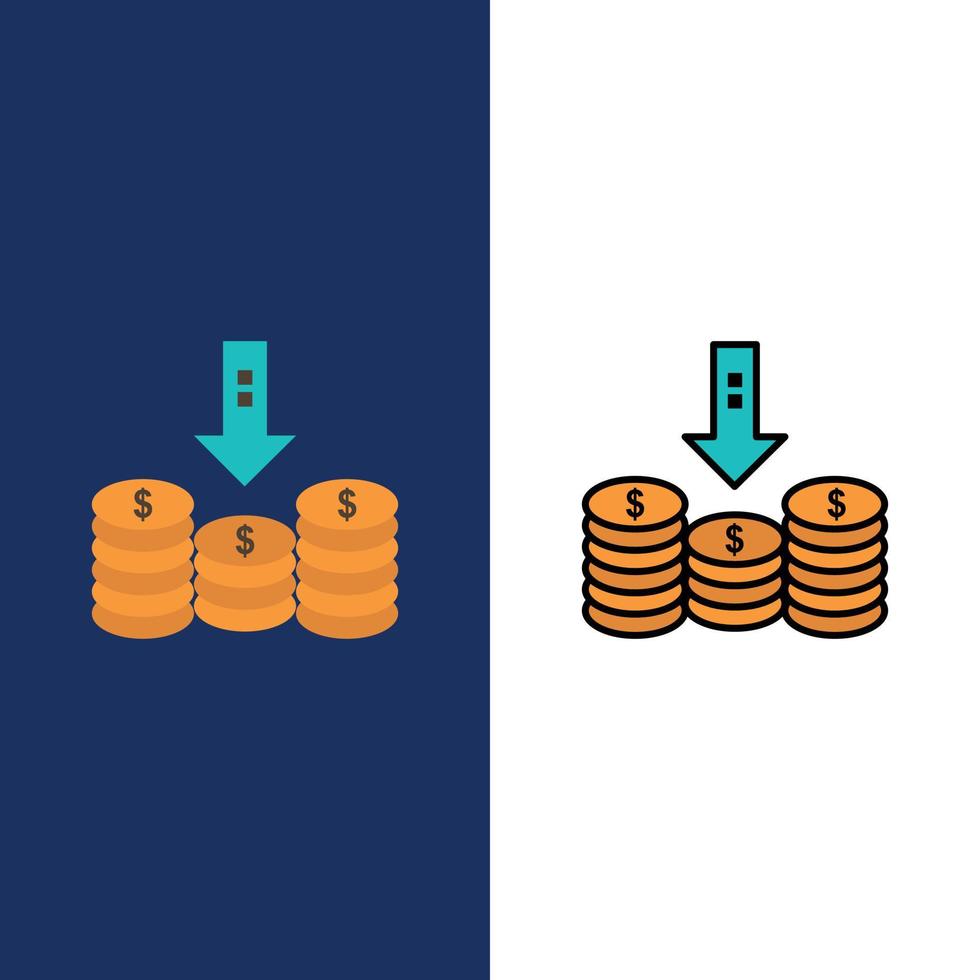 munten contant geld geld naar beneden pijl pictogrammen vlak en lijn gevulde icoon reeks vector blauw achtergrond
