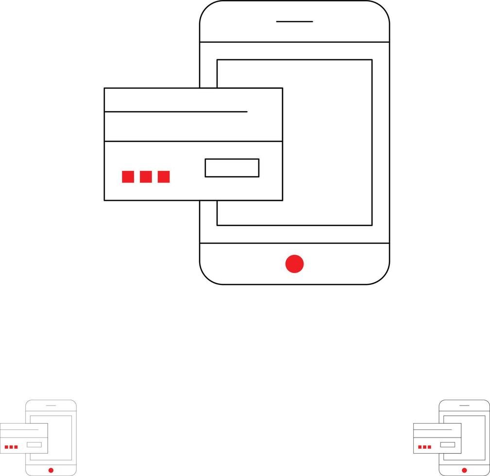 betaling bank bank kaart credit mobiel geld smartphone stoutmoedig en dun zwart lijn icoon reeks vector