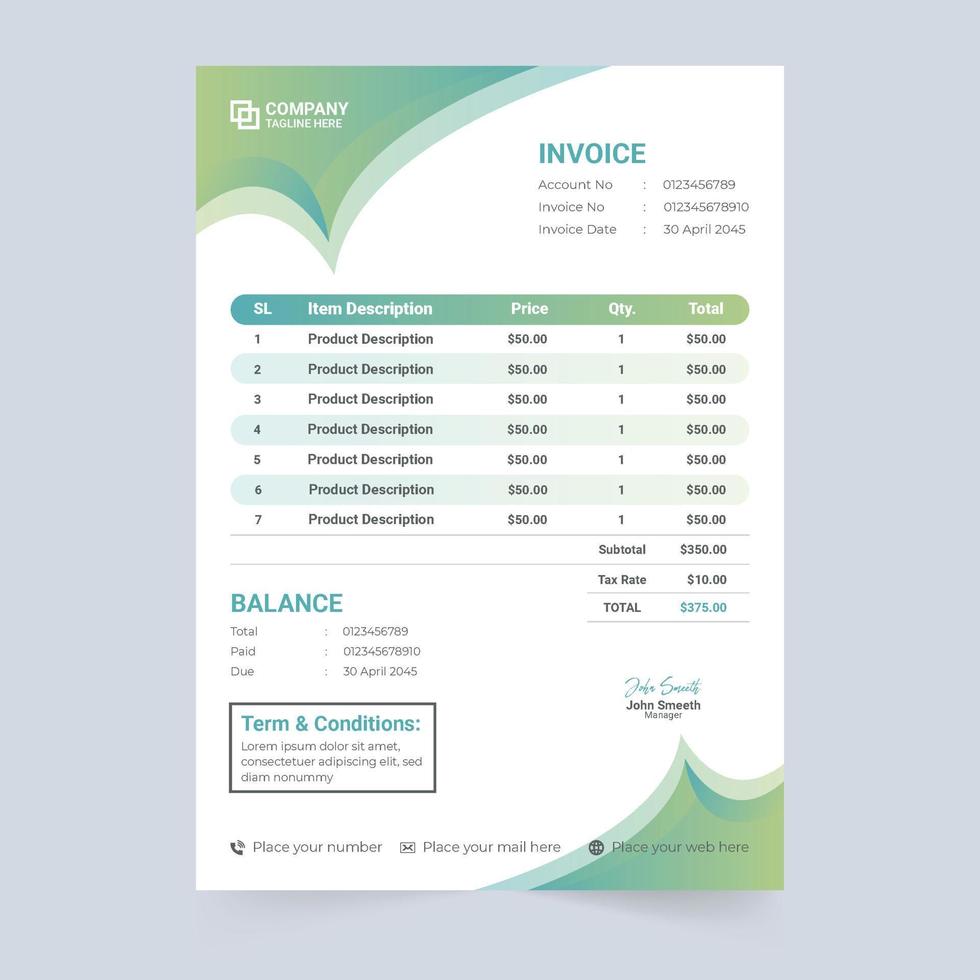 moderne zakelijke factuursjabloon met prijssectie en bedrijfsinformatie. creatieve prijsbon en koopovereenkomst papieren decoratie met abstracte vormen. betalingsovereenkomst factuursjabloon. vector