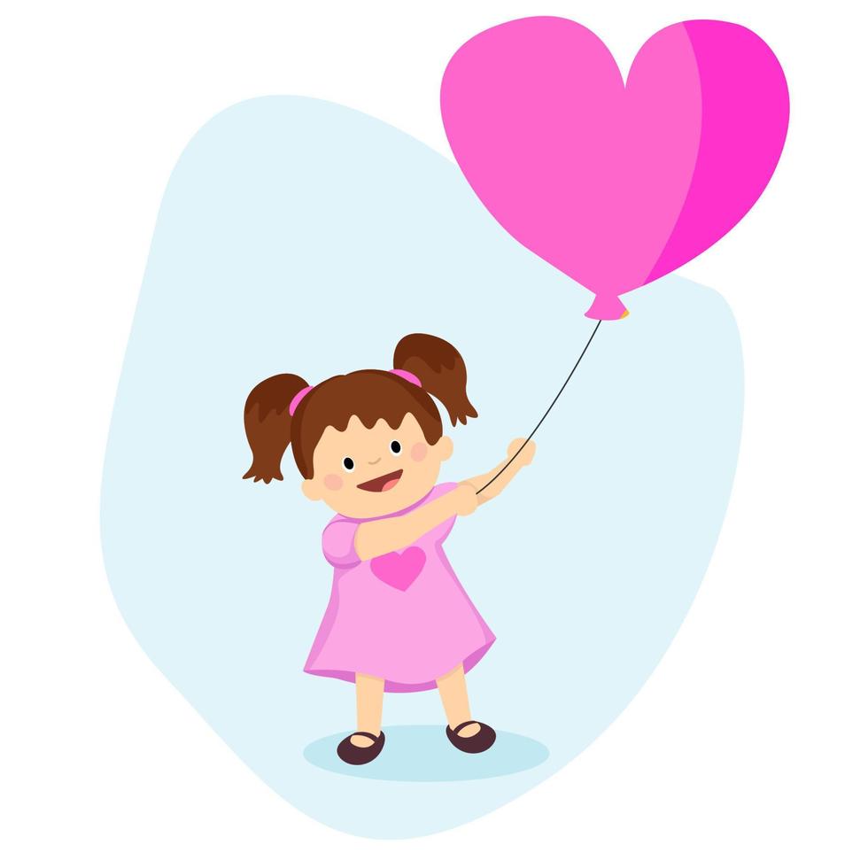 schattig meisje met een hartvormig ballon. glimlachen meisje in een roze jurk. gelukkig en liefde concept. vector illustratie