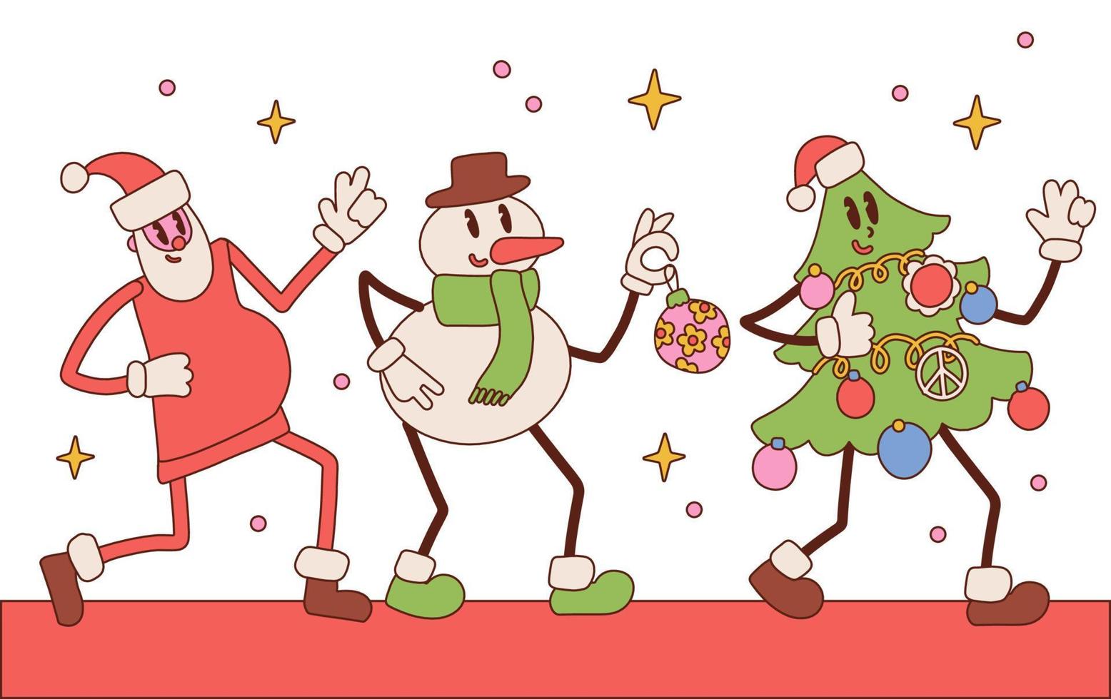 reeks van groovy hippie Kerstmis mascottes - de kerstman claus, Kerstmis boom, sneeuwman in modieus retro tekenfilm stijl. groovy pak van grappig karakters. vector hand- getrokken illustratie.