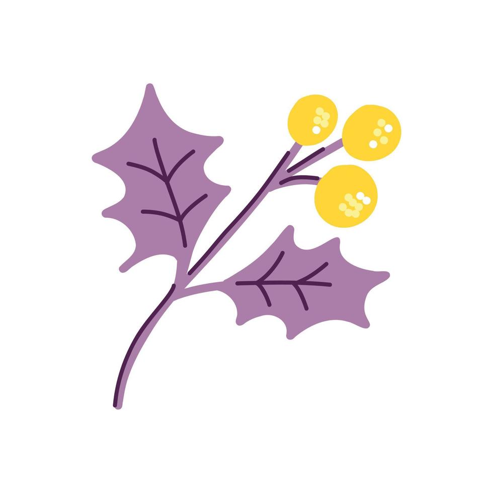 vector illustratie met Purper twijgen van bladeren en pale geel bessen en bloemen in een vlak handgemaakt stijl Aan een wit achtergrond. botanisch illustratie voor ansichtkaarten, geschenken, vakantie, stoffen