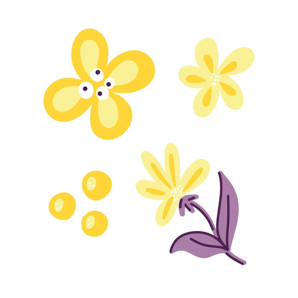 een reeks van vector illustraties met Purper blad twijgen en pale geel bessen en bloemen in een tekening handgemaakt stijl Aan een wit achtergrond. botanisch illustratie voor ansichtkaarten, geschenken, vakantie
