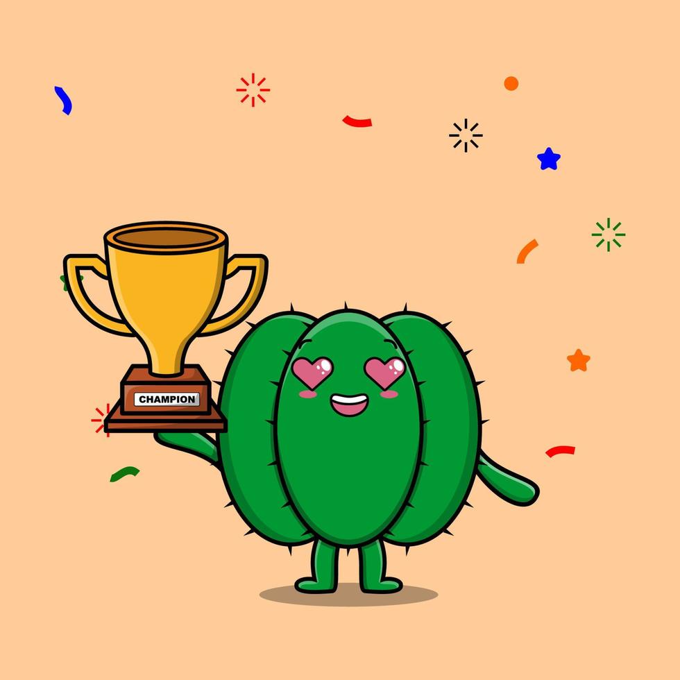 schattig tekenfilm c cactus Holding gouden trofee vector