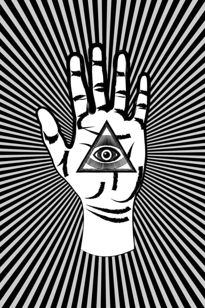 Open palm met allemaal zien oog heilig vrijmetselaars- symbool, derde oog van voorzienigheid, driehoek piramide. nieuw wereld bestellen. grunge alchimie icoon, geloof, spiritualiteit, occultisme. magie vector teken