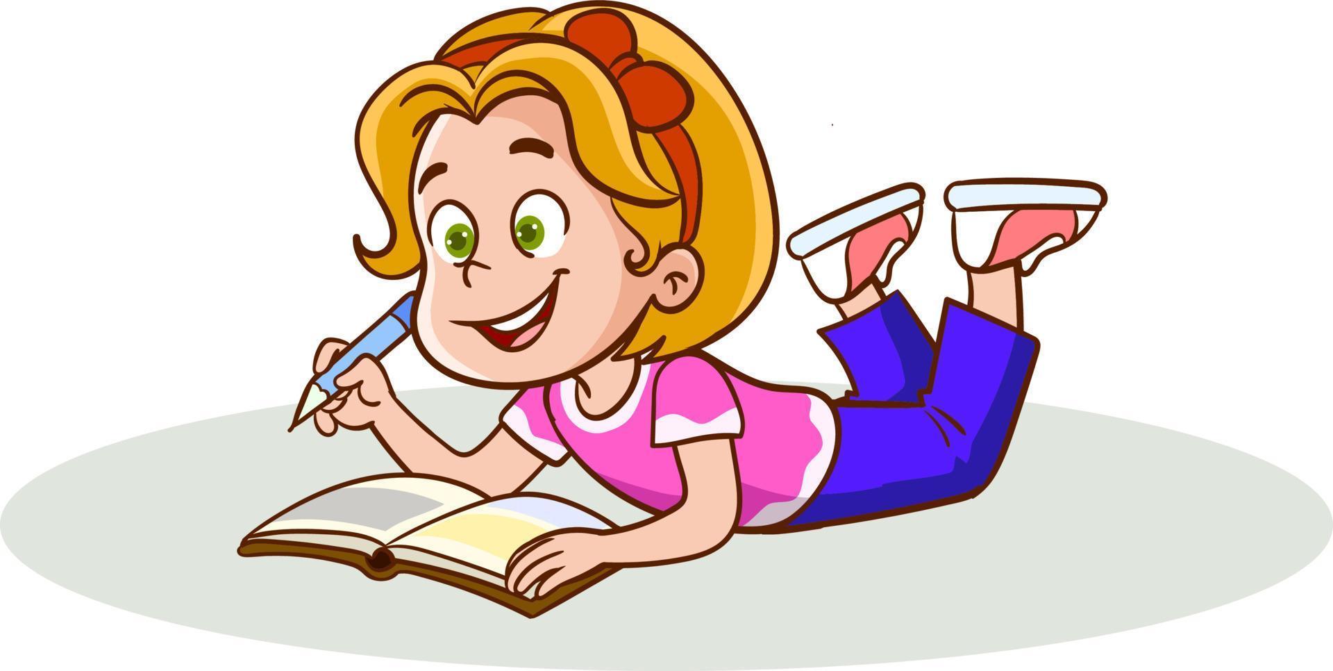 zoet weinig meisje aan het liegen Aan haar maag en lezing een boek, kind genieten van lezing, kleurrijk karakter vector illustratie