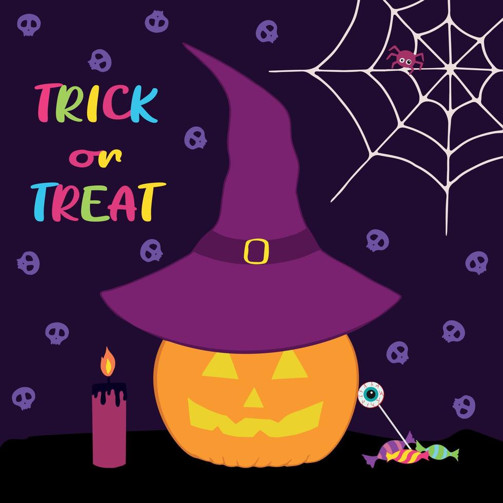 glimlachen pompoen in een hoed met kaars en snoepjes. Purper achtergrond. truc of traktatie. gelukkig halloween. hand- getrokken vector illustratie