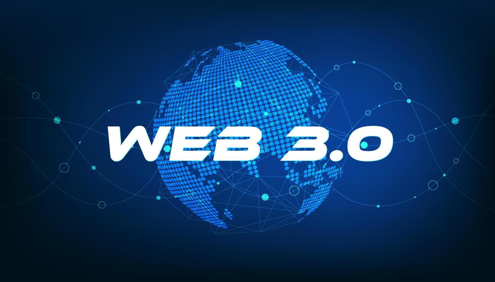 web 3.0 tekst Aan punt wereld planeet. nieuw versie van de website gebruik makend van blockchain technologie, cryptogeld, en nft kunst. vector. vector